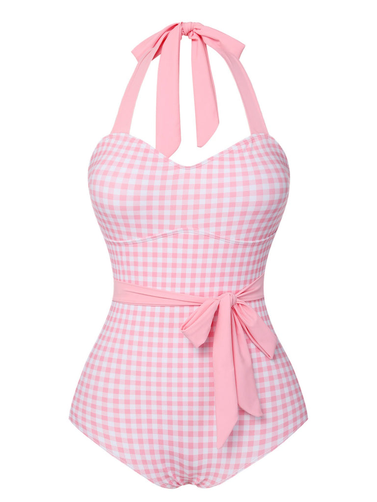 Pink 1940s Plaid Halter One-Piece Swimsuit