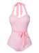 Pink 1940s Plaid Halter One-Piece Swimsuit