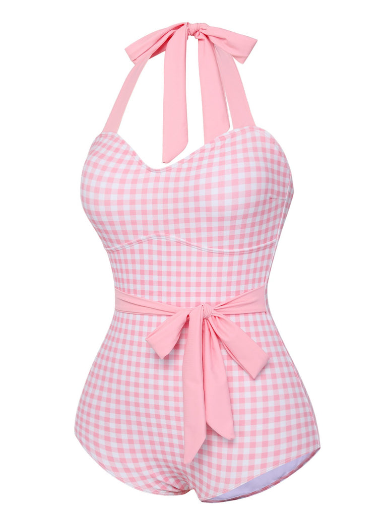 Pink 1940s Plaid Halter One-Piece Swimsuit