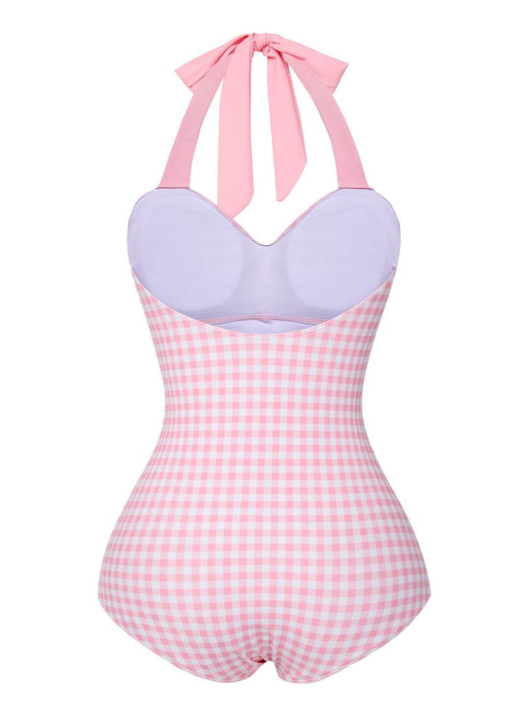 Pink 1940s Plaid Halter One-Piece Swimsuit