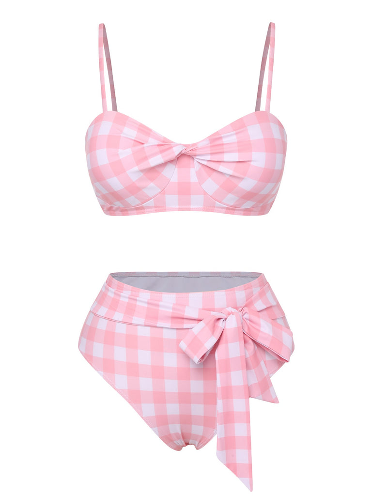 Pink 1940s Spaghetti Strap Plaid Bow Swimsuit