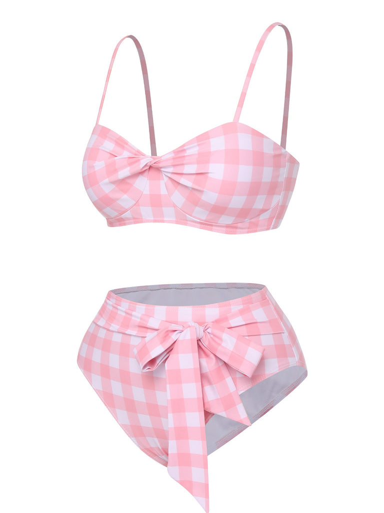 Pink 1940s Spaghetti Strap Plaid Bow Swimsuit