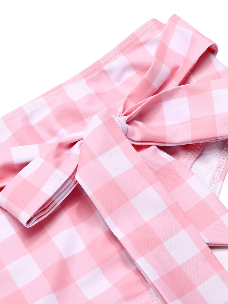 Pink 1940s Spaghetti Strap Plaid Bow Swimsuit