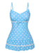 Blue 1940s Spaghetti Strap Polka Dots One-Piece Swimsuit