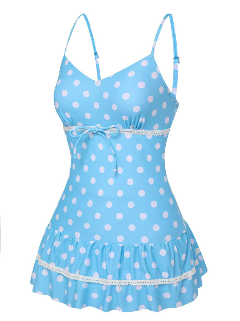 [Pre-Sale] Blue 1940s Spaghetti Strap Polka Dots One-Piece Swimsuit
