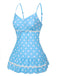 Blue 1940s Spaghetti Strap Polka Dots One-Piece Swimsuit