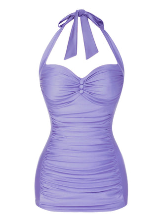 Purple 1950s Solid Gathered Halter Swimsuit