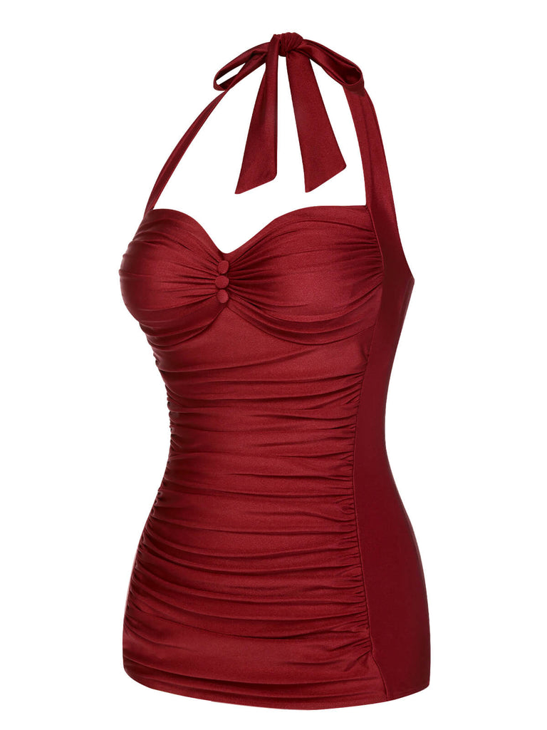 Red 1950s Solid Gathered Halter Swimsuit