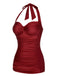 Red 1950s Solid Gathered Halter Swimsuit