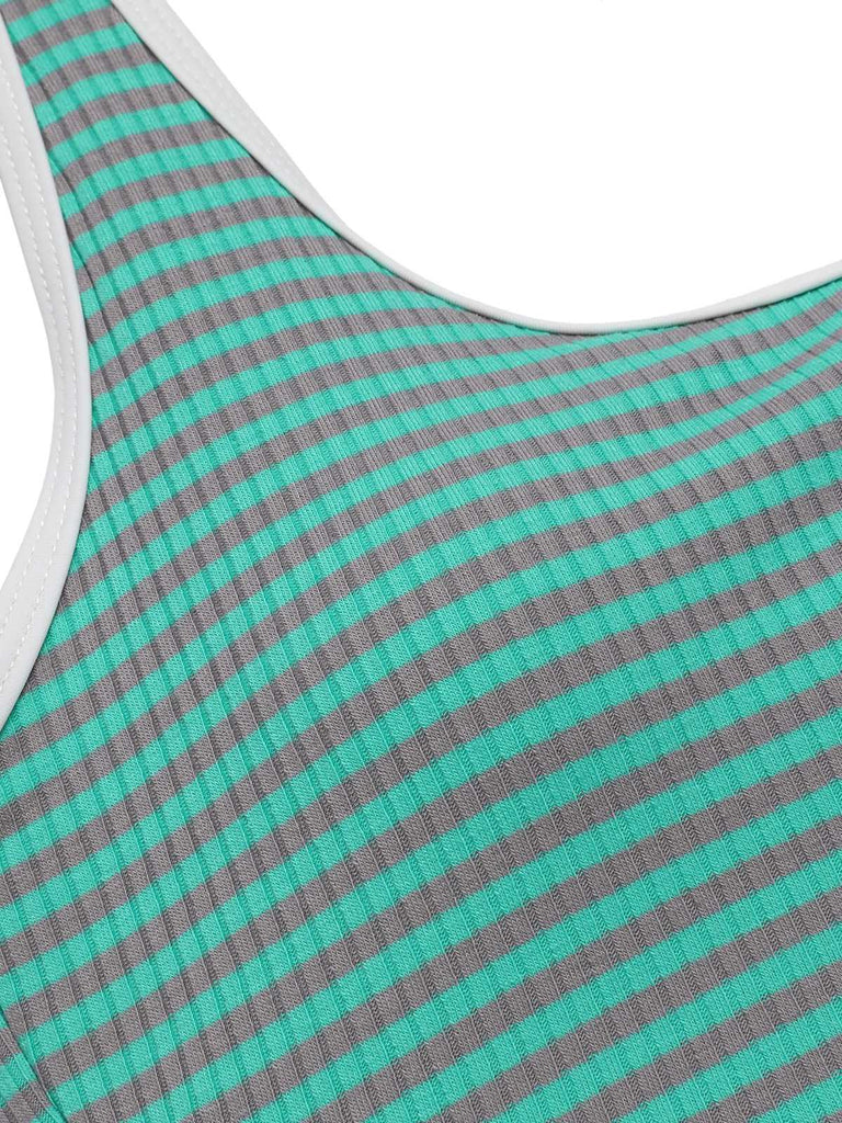 Green 1950s Stripes Backless One-Piece Swimsuit