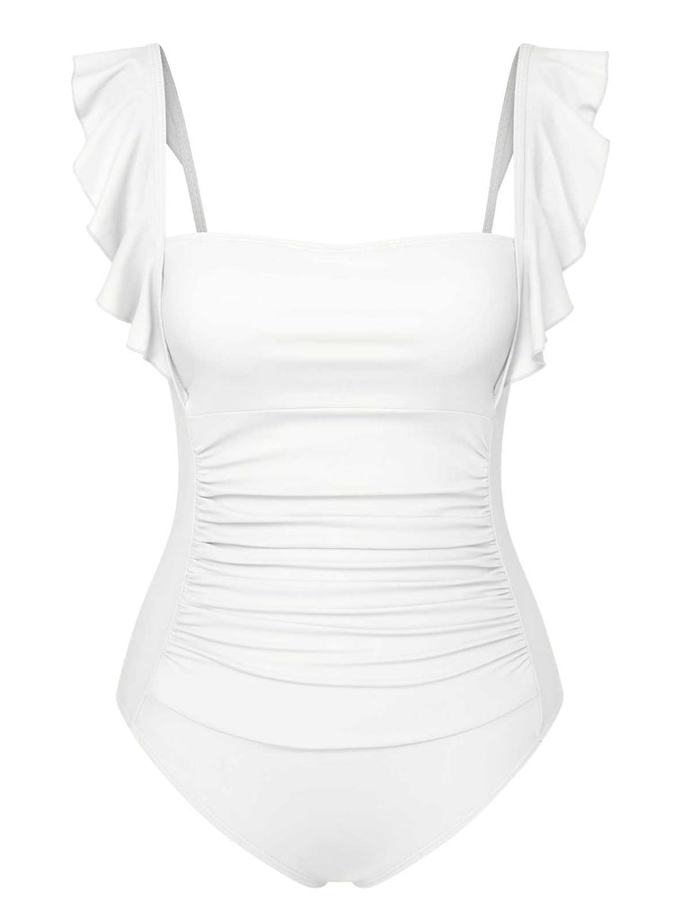 1950s Ruffles Backless Solid One-Piece Swimsuit