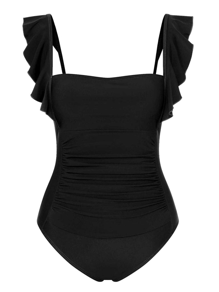 1950s Ruffles Backless Solid One-Piece Swimsuit