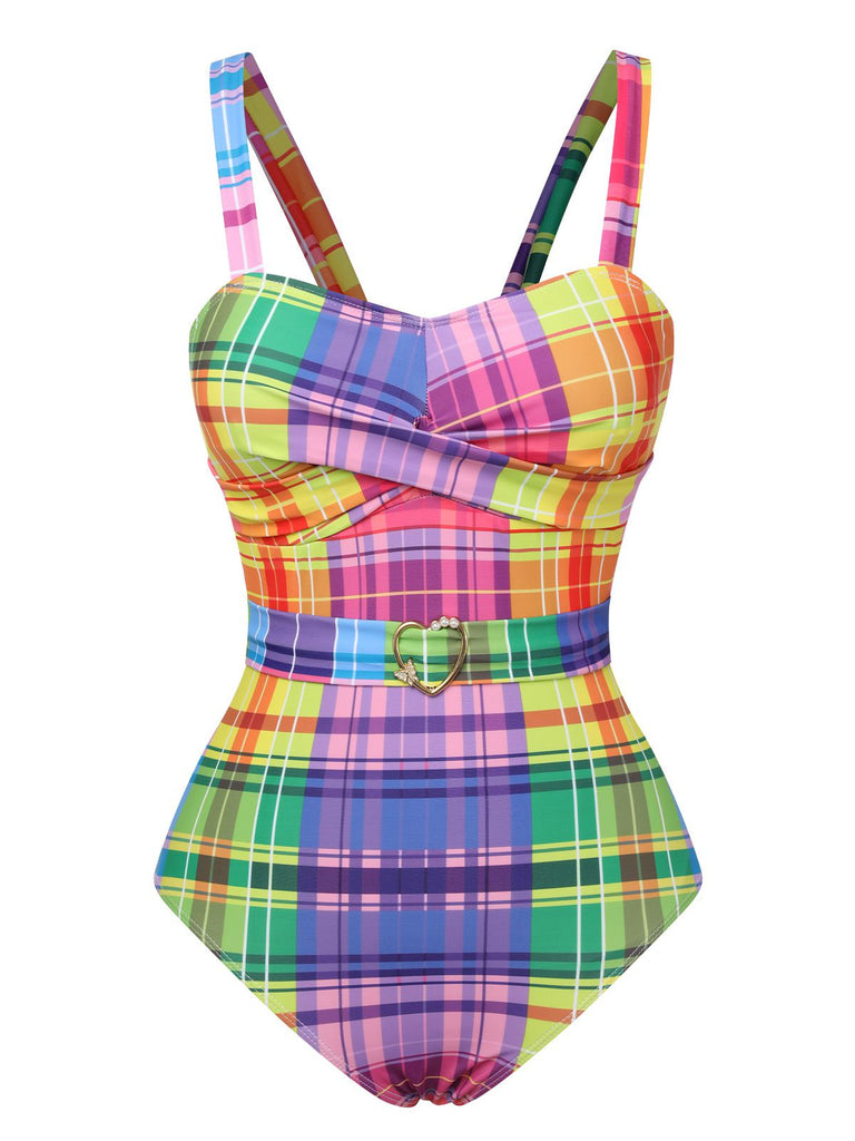 [Pre-Sale] Multicolor 1970s Rainbow Plaid Bow Swimsuit