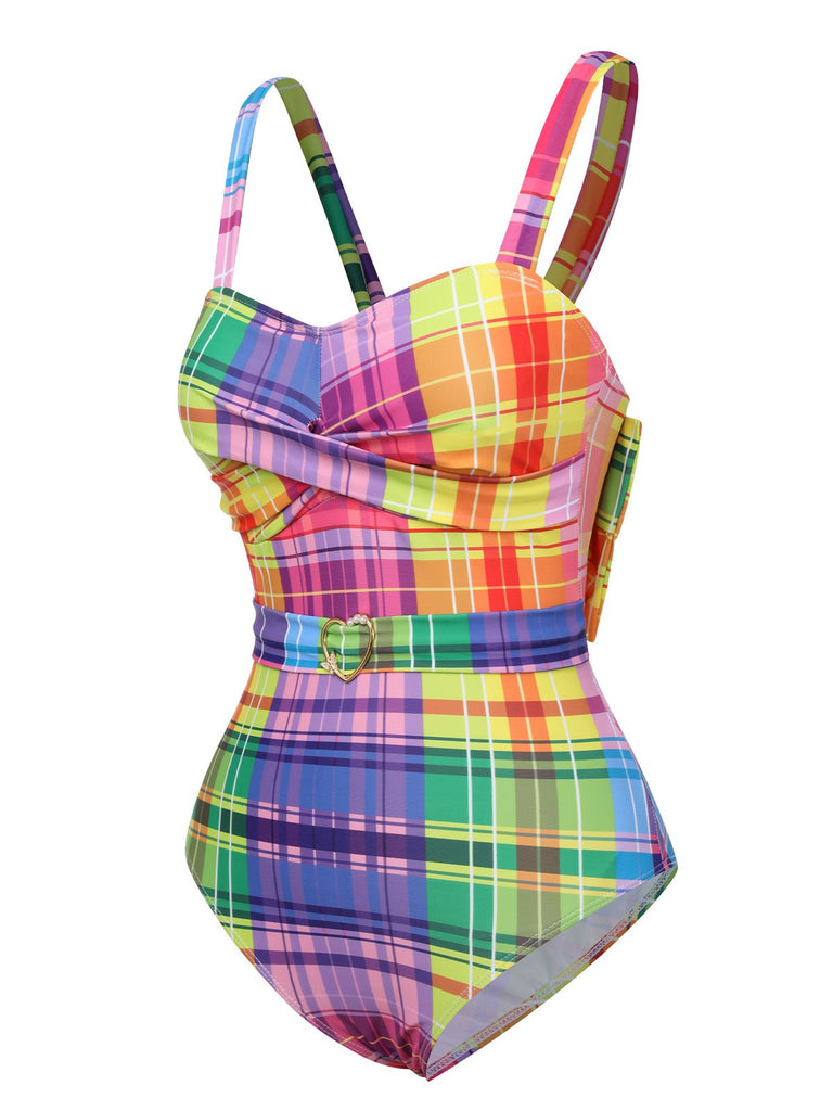 [Pre-Sale] Multicolor 1970s Rainbow Plaid Bow Swimsuit