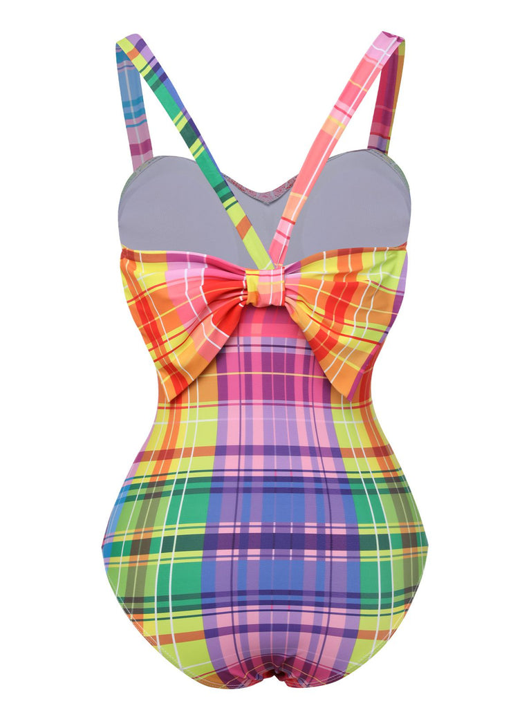 [Pre-Sale] Multicolor 1970s Rainbow Plaid Bow Swimsuit