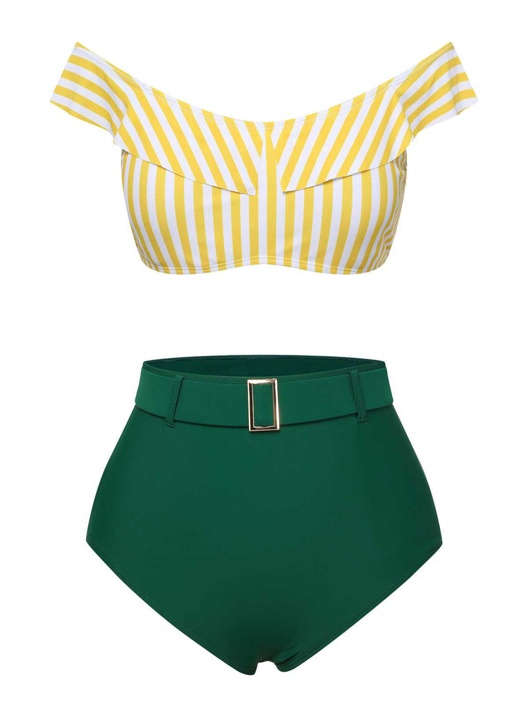 Multicolor 1930s Off-Shoulder Stripes Swimsuit