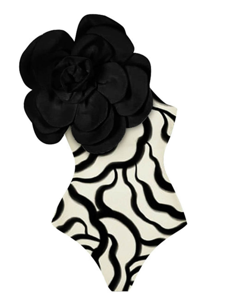 Black 1940s 3D Camellia One Shoulder Swimsuit