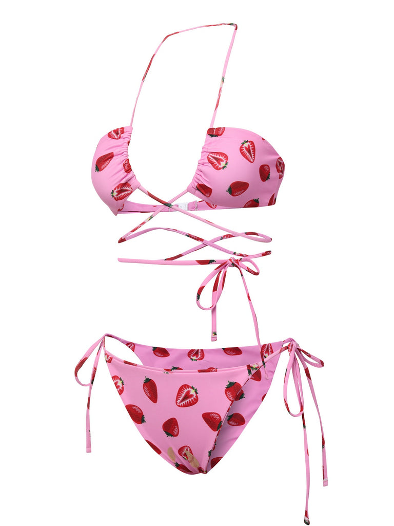 Pink 1950s Strawberry Waist Tie Halter Bikini Set