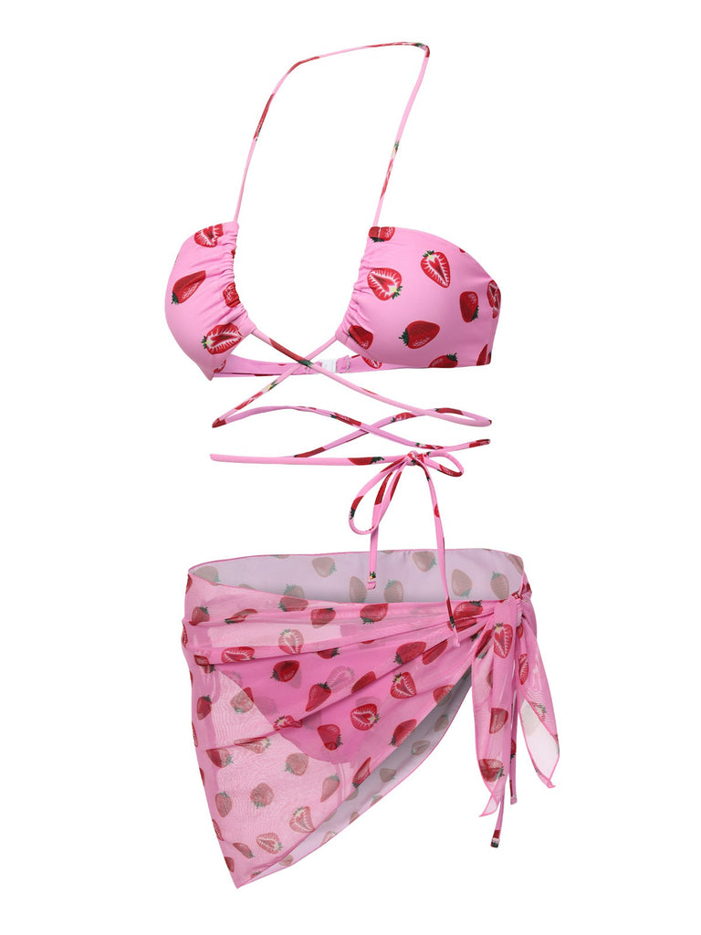 Pink 1950s Strawberry Waist Tie Halter Bikini Set