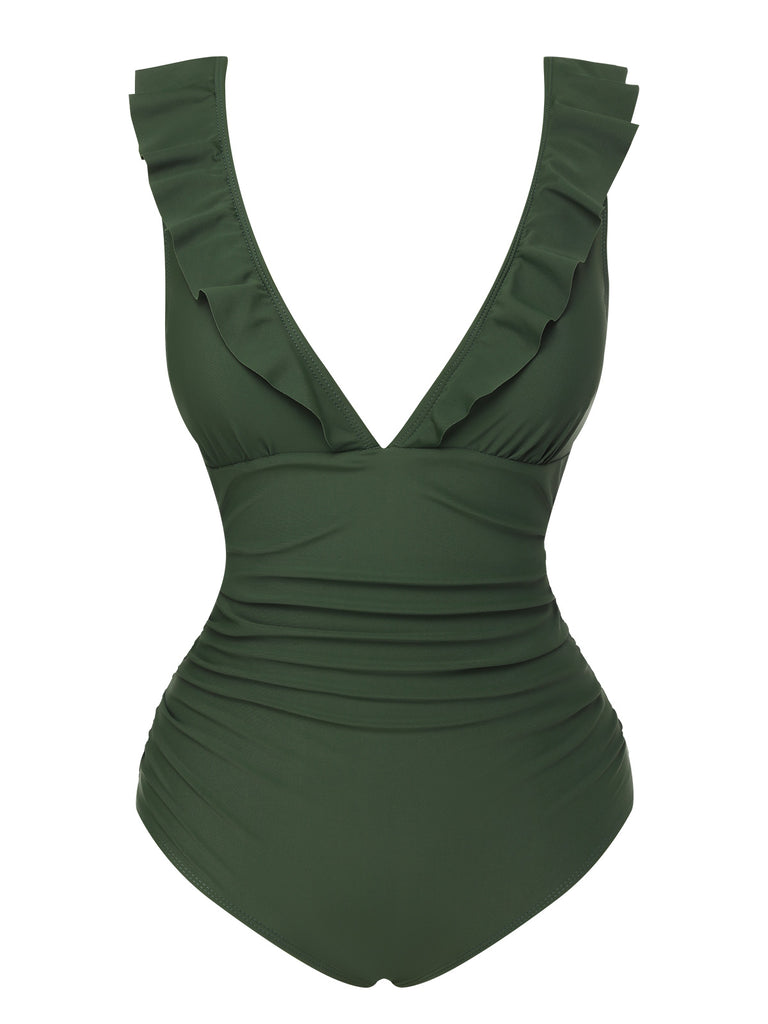 Army Green 1950s Solid Ruffles V-Neck Swimsuit