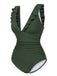 Army Green 1950s Solid Ruffles V-Neck Swimsuit