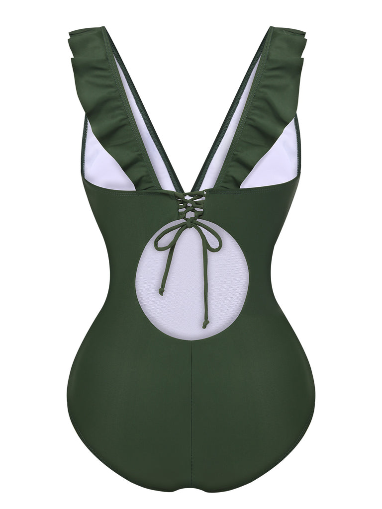 Army Green 1950s Solid Ruffles V-Neck Swimsuit