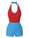 Red & Blue 1930s Solid Patchwork Swimsuit Set