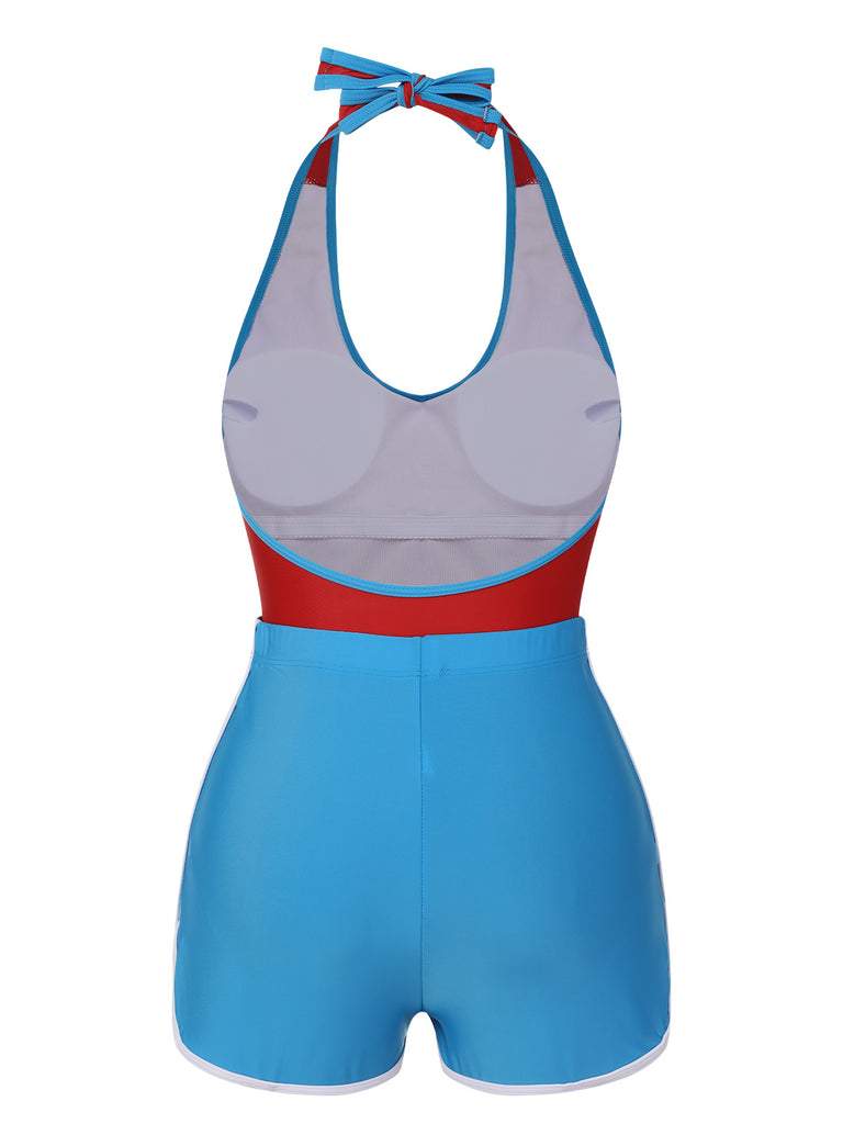 Red & Blue 1930s Solid Patchwork Swimsuit Set