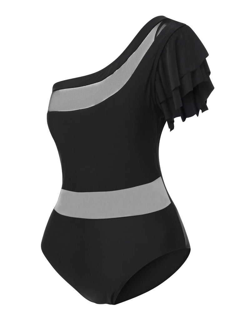 Black 1950s Sheer Patchwork One-Shoulder Swimsuit