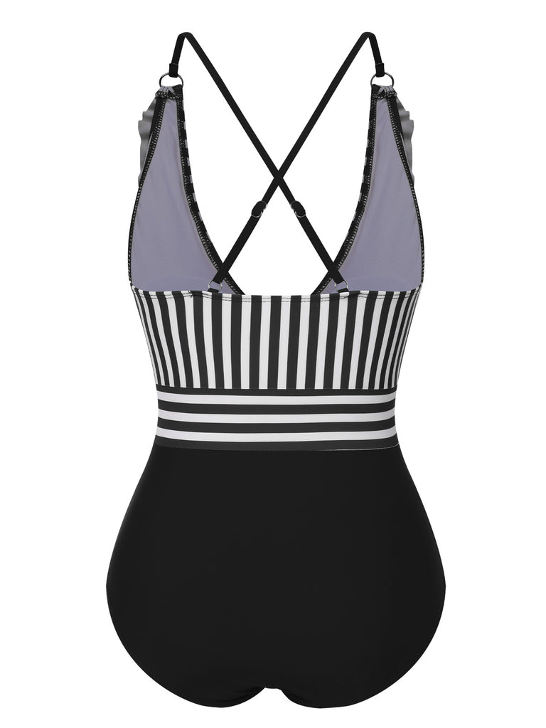 1950s Color Contrast Striped Ruffle Swimsuit