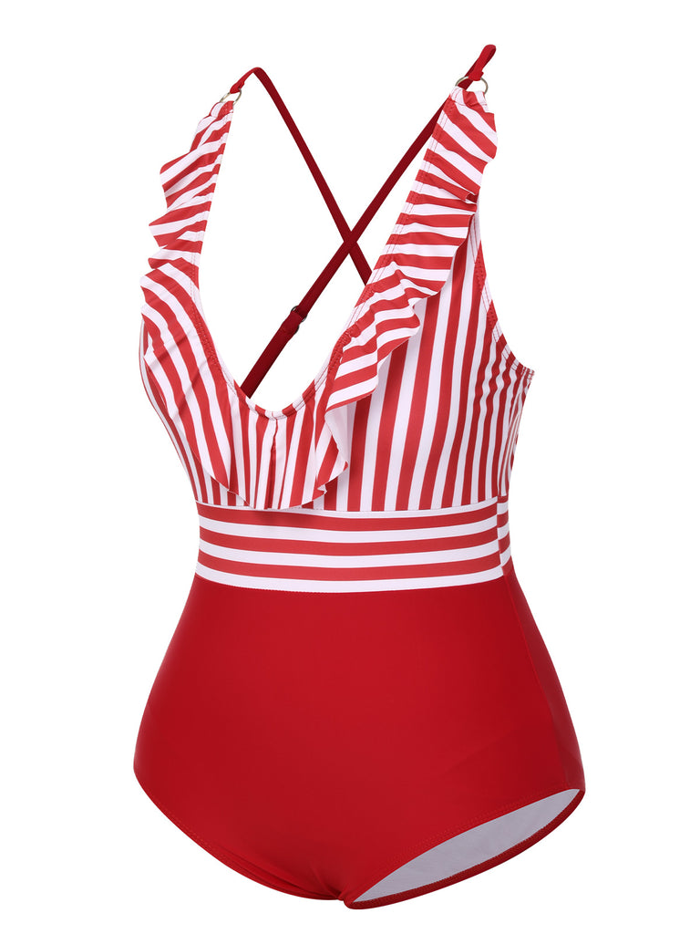 1950s Color Contrast Striped Ruffle Swimsuit