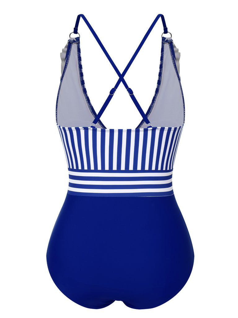 1950s Color Contrast Striped Ruffle Swimsuit