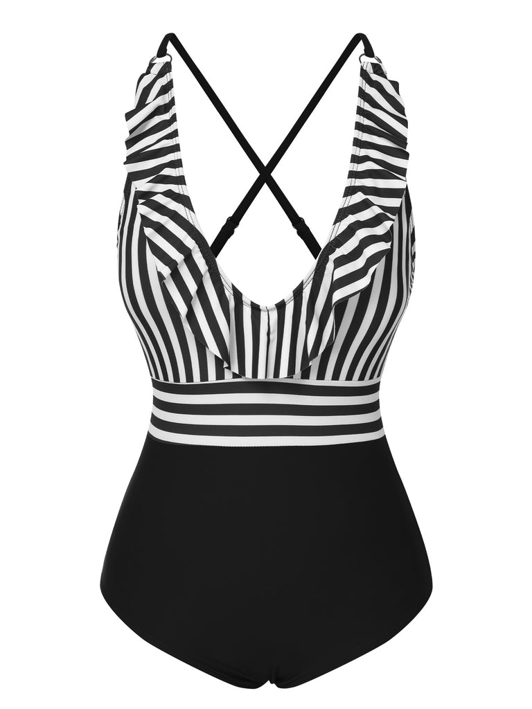 1950s Color Contrast Striped Ruffle Swimsuit