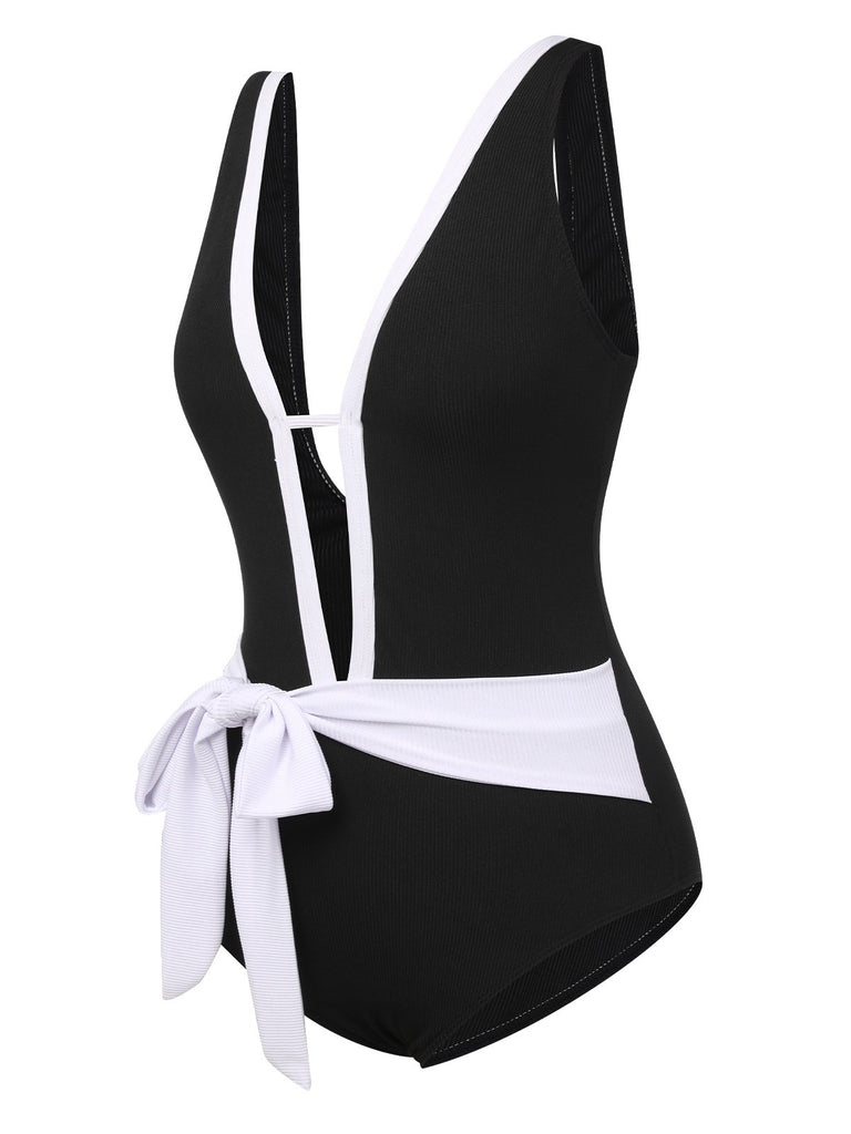 Black 1950s Deep V-Neck Waist Tie Swimsuit