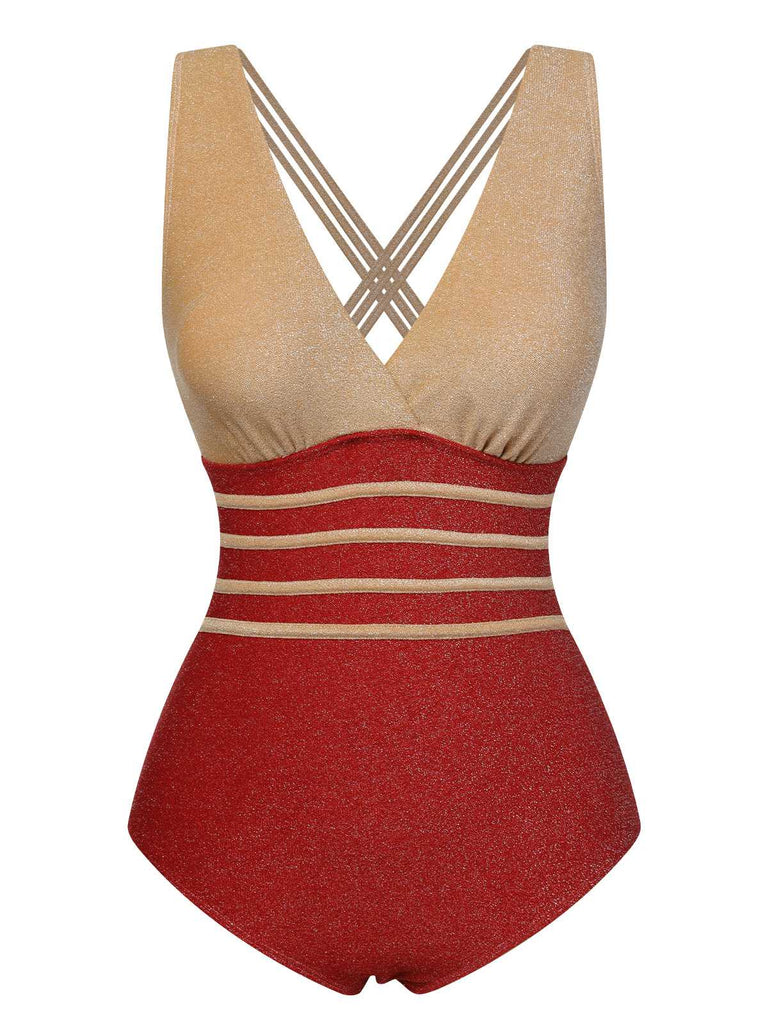Red 1950s Stripe Patchwork One-Piece Swimsuit