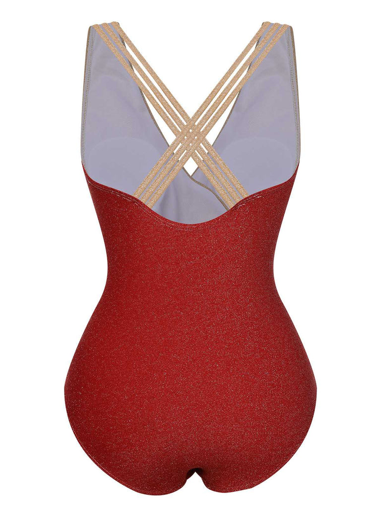 Red 1950s Stripe Patchwork One-Piece Swimsuit