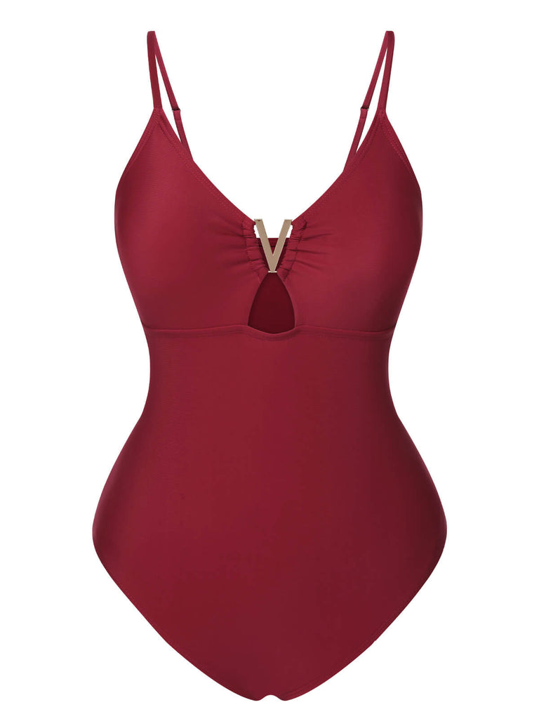 1950s Solid Hollow V-Neck One-Piece Swimsuit