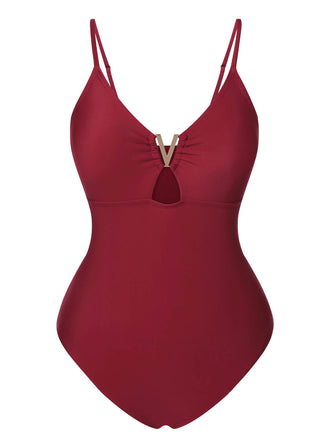 1950s Solid Hollow V-Neck One-Piece Swimsuit