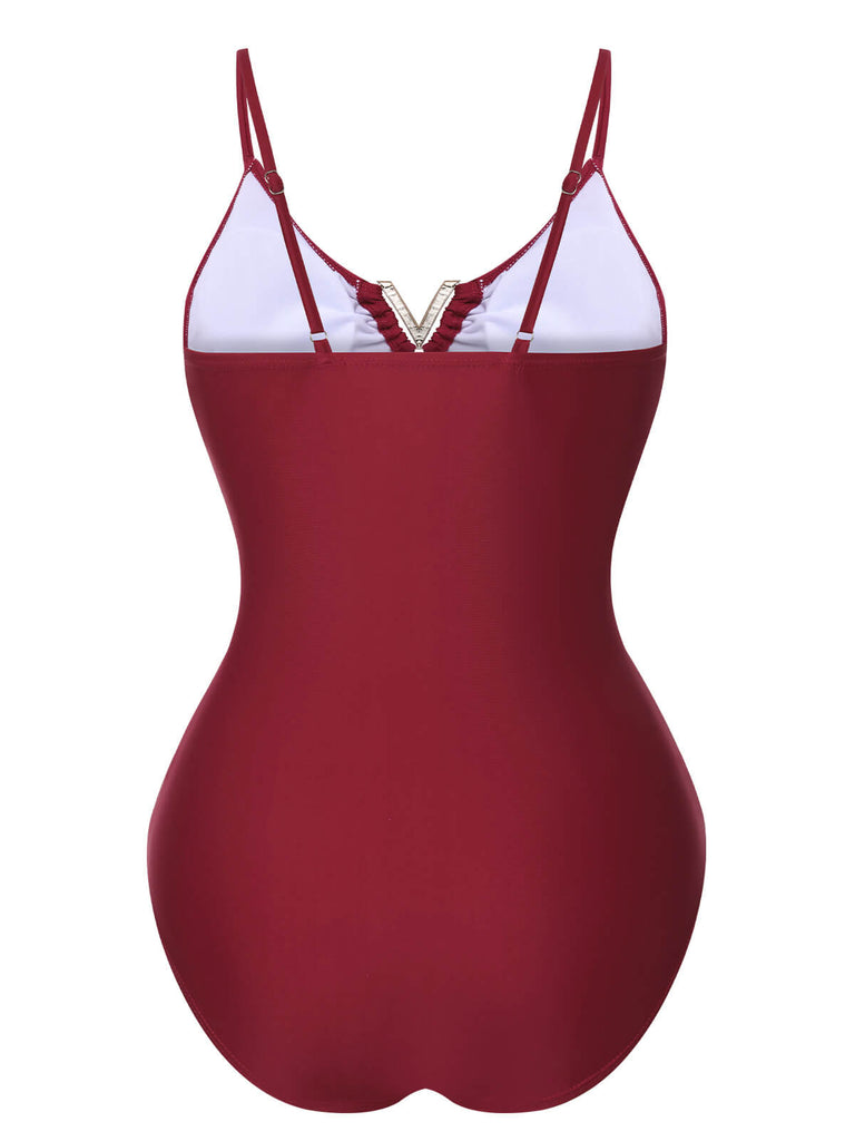 1950s Solid Hollow V-Neck One-Piece Swimsuit