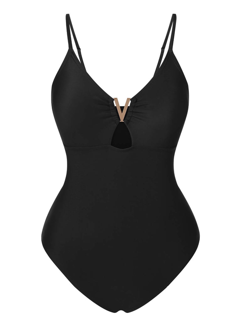 1950s Solid Hollow V-Neck One-Piece Swimsuit