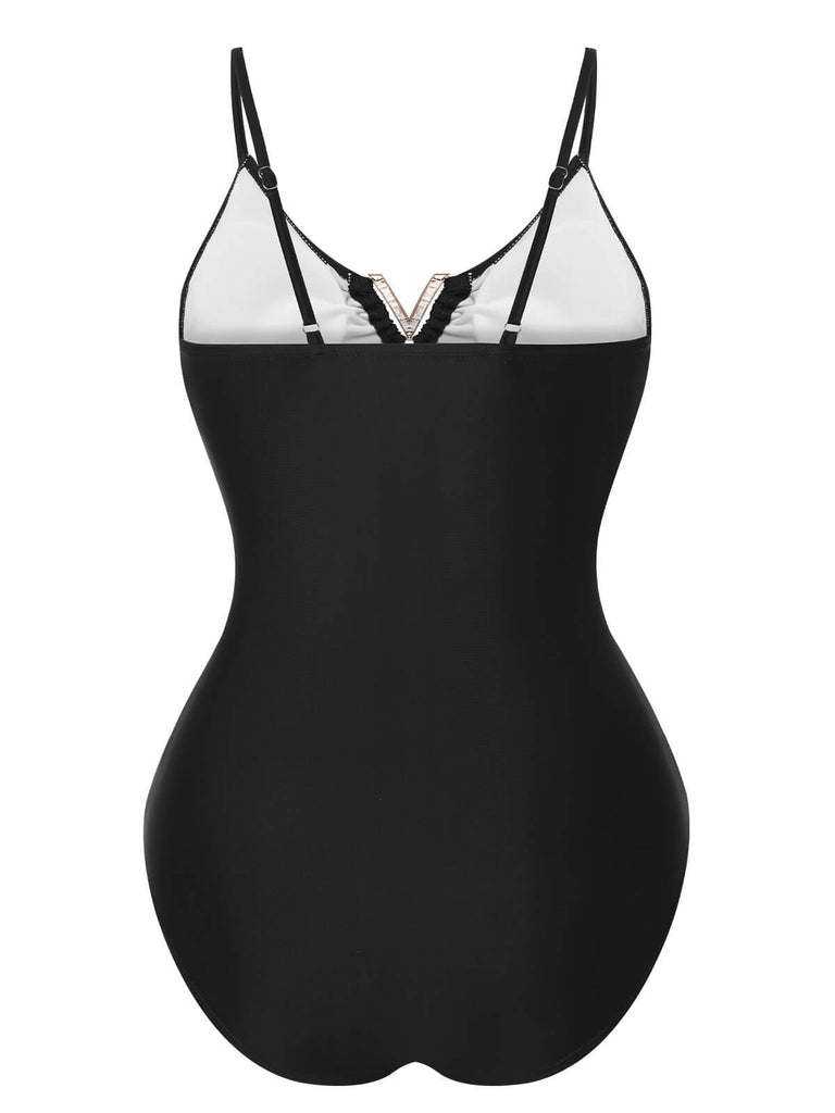 1950s Solid Hollow V-Neck One-Piece Swimsuit