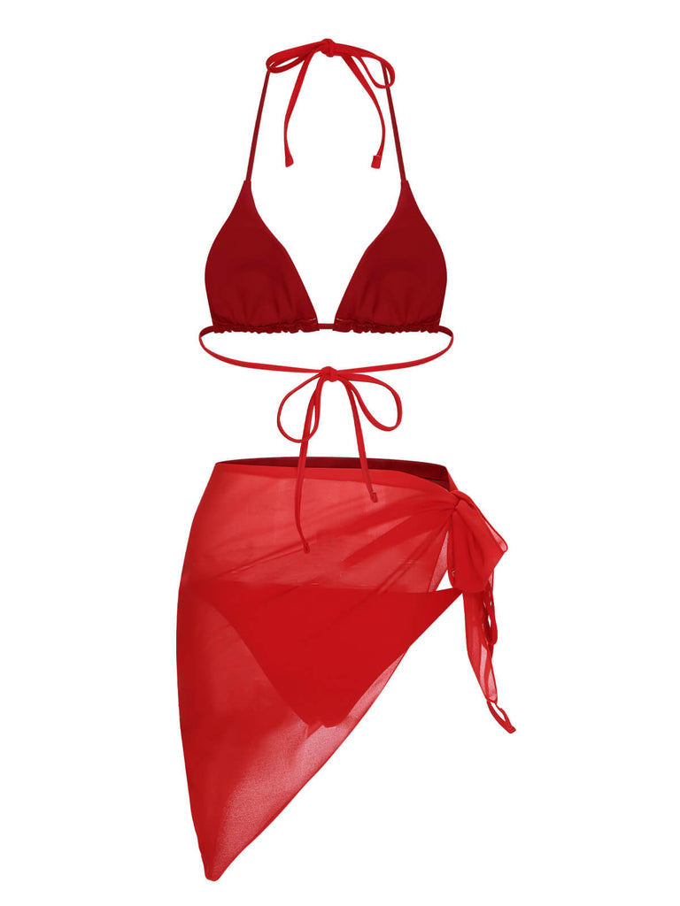 Red 1950s Solid Halter Bikini Set & Cover-Up