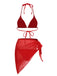 Red 1950s Solid Halter Bikini Set & Cover-Up