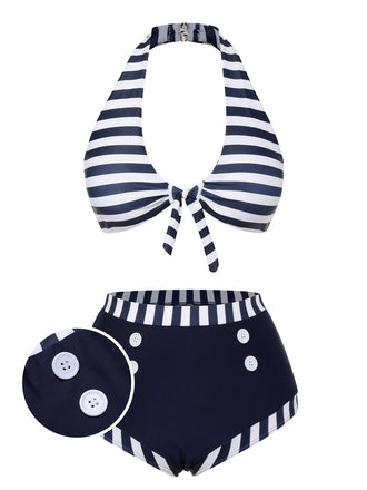 [US Warehouse] Dark Blue 1930s Stripes Halter Buttons Swimsuit