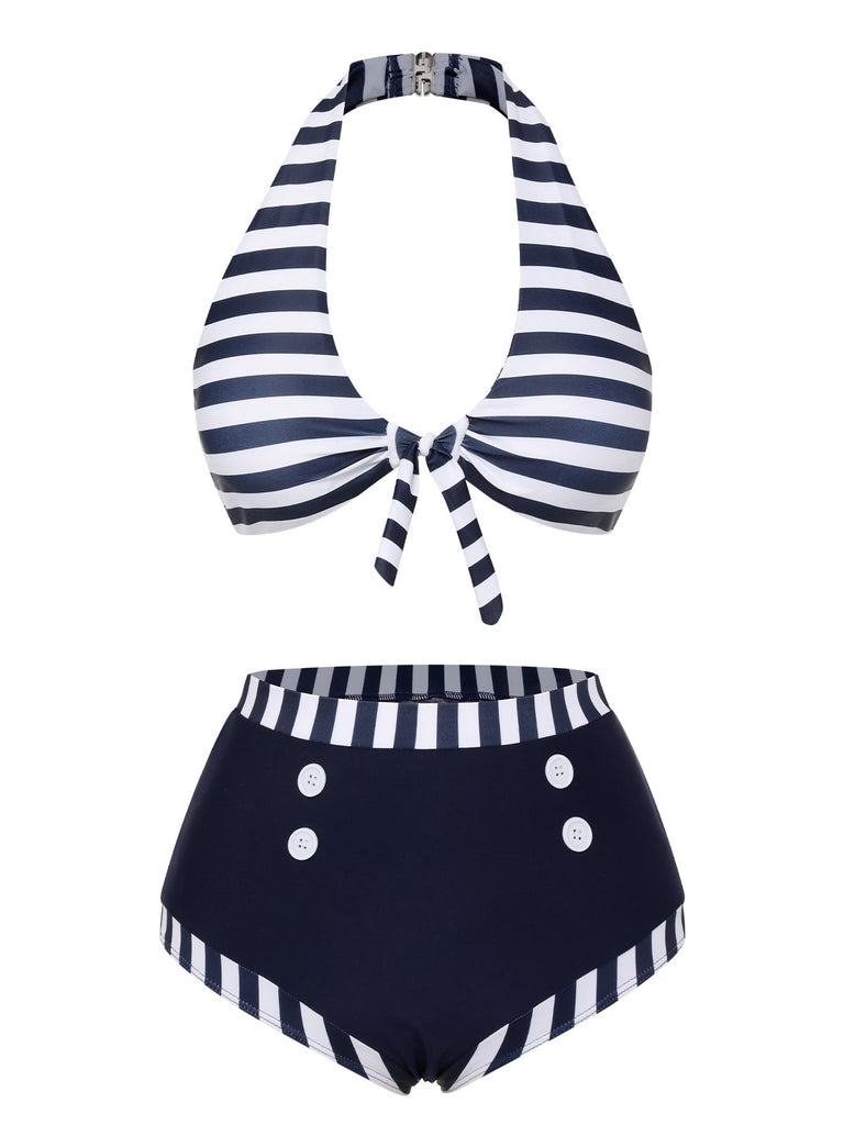 Dark Blue 1930s Stripes Halter Buttons Swimsuit