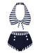 Dark Blue 1930s Stripes Halter Buttons Swimsuit