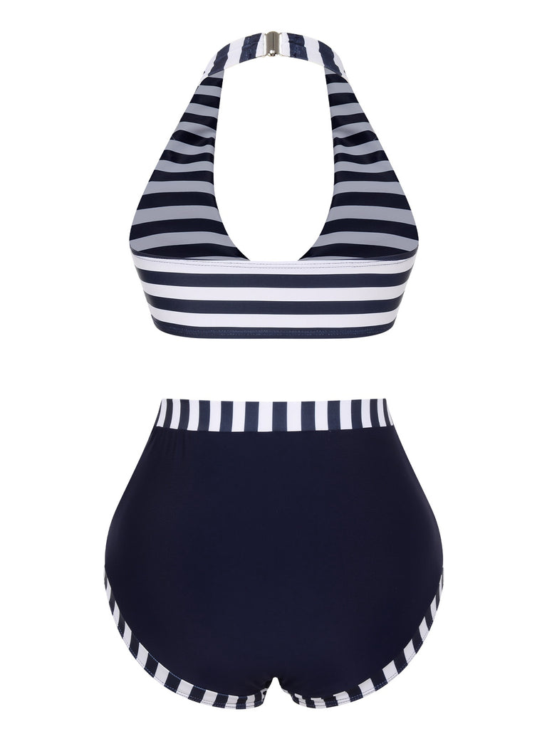 Dark Blue 1930s Stripes Halter Buttons Swimsuit