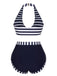 Dark Blue 1930s Stripes Halter Buttons Swimsuit