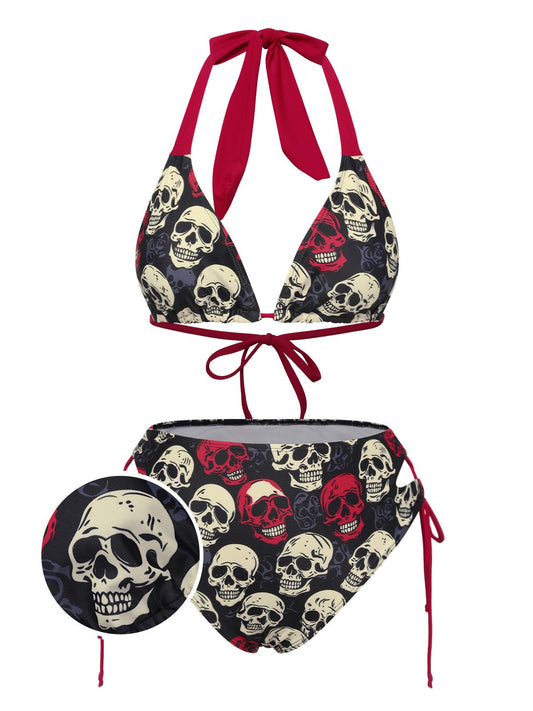 Multicolor 1950s Skull Halter Swimsuit