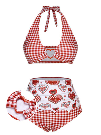 [US Warehouse] Red 1950s Halter Heart Plaids Swimsuit